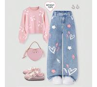 Jean ample bleu délavé taille haute, imprimé étoiles et cœurs à cinq branches, style décontracté et mignon, idéal pour l'école, les sorties du week-end et les fêtes. 8Y,9Y,10Y,11Y,12YCartoonJean