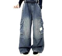 Jean Ample Délavé pour Filles - Streetwear d'Extérieur avec Poche - Style Décontracté - Tendance - Pour l'École Pantalons Tendance pour Filles, Taille Élastique, Jambes Larges (Navy, 12-13 Years)