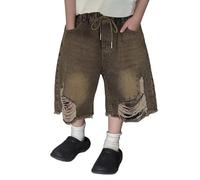 Jean Baggy Ado GarçOn - Short Effet Vieilli Garçon Coupe Droite Ample Tendance Rétro Décontracté Cinq Poches Été Enfant 1 à 12 Ans