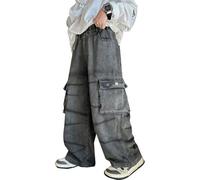 Jean Baggy avec Poches pour Garçons - Pantalon Ample Décontracté - Taille Élastique - Pantalon en Jean - Jambe Droite - Pantalons Cargo à Jambe Large - Streetwear - Cargo Enfant (Black, 11-12 Years)