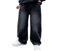 Jean baggy avec poches pour garçons - Pantalon ample décontracté - Taille élastique - Pantalon en jean vintage - Jambe droite - Pantalon cargo à jambe large - Y2K - Streetwear 4-14 ans, Noir , 9-10