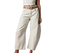 Jean Baggy Barrel pour Femme Court Ample Jambe Large Taille Moyenne Cheville Pantalon en Denim avec Poches Coupe Décontractée Hip Hop Baril Vintage Streetwear Décontracté(White,S)