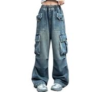 Jean Baggy Enfant Fille Pantalons en Denim Loisirs Taille Élastique Ado Fille Jean Straight Pants Long avec Poches Casual Rétro Hip Hop Streetwear Sport Printemps Automne