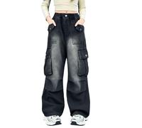 Jean Baggy Enfant Fille Pantalons en Denim Loisirs Taille Élastique Ado Fille Jean Straight Pants Long avec Poches Casual Rétro Hip Hop Streetwear Sport Printemps Automne