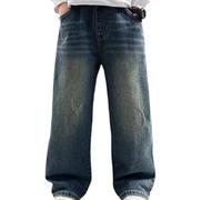 Jean Baggy Enfant Garçon Fille Pantalon en Jean Droit Coupe Ample Taille Élastique Denim Confortable Mode Streetwear Décontracté pour École Loisirs Printemps Été Automne (A05-Dark Blue, 13-14 Years)