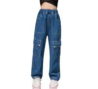 Jean Baggy Fille Pantalons Cargo en Denim Décontracté À Jambe Large Fille Jean Straight Pants Long avec Poches Classique Vintage Hip Hop Streetwear Sport Printemps Automne