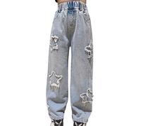 Jean Baggy Fille Pantalons en Denim Classique Taille Élastique Ado Fille Jean Bootcut Pants Long avec Poches Mode Rétro Hip Hop Streetwear Sport Printemps Automne