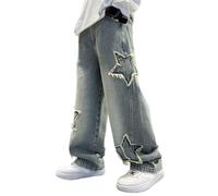 Jean Baggy Garçon, Jean Baggy pour garçon, Coupe Droite, avec Poches, Taille élastique, Effet usé, déchiré, avec Trous.