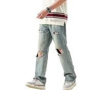 Jean Baggy Homme, Coupe Ample, Style Skate, délavé et déchiré, Bleu Clair, Taille 40