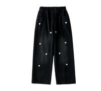 Jean baggy pour fille, streetwear, denim, pantalon cargo, look usé, élastique, taille haute, jambes larges, vêtements avec leggins de sport de 5 à 16 ans avec haut, Noir , 11-12 ans
