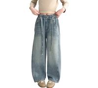 Jean baggy pour filles avec strass scintillants et cordon de serrage - Pantalon en jean élastique taille haute - Jambe droite - Y2k - Jean surdimensionné confortable avec poches, bleu, 15-16 ans