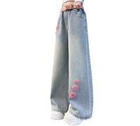 Jean baggy pour filles - Taille haute élastique - Jambe large - Cœur brodé - Papillon - Pantalon en jean délavé avec poches - Pour l'été - Coupe ample - Style rétro - Style patineur vintage, L-bleu