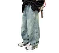 Jean Baggy pour Garçon Enfants Jambes Larges Loisirs Coupe Ample Rétro Style Années 90 Hip Hop Streetwear pour l'École, la Course à Pied, le Sport Jean Garçon Ceinture (Light Blue, 11-12 Years)