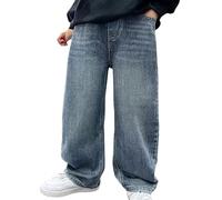 Jean baggy pour garçon - Jambe large - Délavé - Style rétro décontracté - Streetwear - Avec poches - Pantalon ample surdimensionné mignon en denim, bleu, 13-14 ans