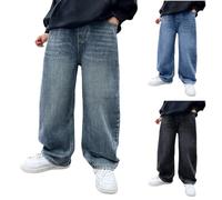 Jean Baggy pour Garçons Pantalon en Jean Jambes Larges avec Taille Elastique Coupe Ample Stretch Jeans Droit pour Garçon Pantalon de Loisirs Décontracté Hip Hop Y2K Streetwear (Blue, 11-12 Years)