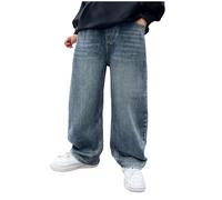 Jean Baggy pour garçons Pantalon en Jean Jambes Larges Poches avec Taille élastique Coupe Ample Stretch Jean Streetwear Jeans de Loisirs Pantalon de Sport Hip-hop Outdoor (Blue, 15-16 Years)