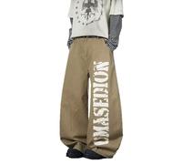Jean baggy pour homme - Pantalon en denim avec lettres imprimées - Pantalon de sport confortable - Jambes larges - Pantalon d'extérieur Y2K - Taille élastique - Vintage - Mode streetwear, O Kaki, L