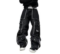 Jean baggy pour homme, style gothique, steampunk Y2K, en denim, jambes larges, avec poches cargo, skater, streetwear, punk, cargo, Poche à ourlet brut Noir foncé, Taille XL