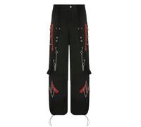 Jean Baggy Punk à Lacets pour Femmes, Pantalon Noir Gothique des années 90, Poches Patchwork, Jambes Larges, Cargo, Taille Basse, Grunge-2-M