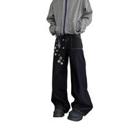 Jean baggy Y2K pour homme - Coupe large - Déchiré - Denim vieilli - Style rétro des années 80 et 70 - Coupe droite - Style hippie - Avec trous - Hip Hop Streetwear - Skater, Noir , M
