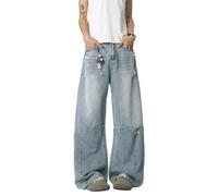 Jean baggy Y2K pour homme - Coupe large - Déchiré - Denim vieilli - Style rétro des années 80 et 70 - Coupe droite - Style hippie - Avec trous - Hip Hop Streetwear - Skater, bleu, S