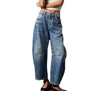 Jean Baril pour Femme Jambe Large Taille Moyenne Pantalon de Cheville en Denim Y2k Baggy Boyfriend avec Poches Jean Baril Vintage Pantalon Court en Denim Hip Hop pour Adolescente(Blue,XL)