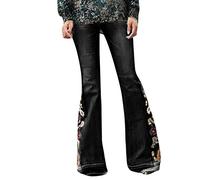 Jean Brodé À Motif Floral Femme Jeans Patte Eléphant Femme Pantalon Bootcut Broderie Denim Pant Evasé Fleur Grande Taille Fermeture Eclair Bouton Elégant Vintage Pantalon,Noir,L