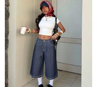 Jean capri à jambes larges taille basse rayé style de rue décontracté à la mode des années 2000 et 90 vacances plage bleu marine et blanc été 25,26,27,28,30,32UnicoloreJean