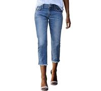 Jean capri pour femme - Bleu - Longueur genou - Taille haute - Bermuda droit - Léger et extensible - Longueur 3/4 - Pantalon cargo skinny - Short décontracté - Ourlet effiloché, bleu clair, S
