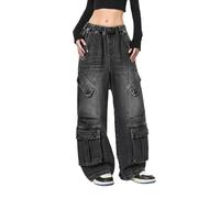 Jean cargo baggy pour filles - Taille haute élastique - Jambe large - Coupe ample - Y2K - Tendance - À enfiler - Pantalon en jean - Pour enfants - Été - École - Délavé - Style vintage - Streetwear
