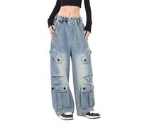 Jean cargo baggy pour filles - Taille haute élastique - Jambe large - Coupe ample - Y2K - Tendance - À enfiler - Pantalon en jean - Pour enfants - Été - École - Délavé - Style vintage - Streetwear