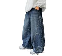 Jean cargo baggy pour garçons, jeans hip-hop, jambes larges, taille élastique, esthétique, vintage, pantalon en jean taille haute, multi-poches, pantalon en jean tendance, Bleu #2., 11-12 ans