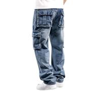 Jean cargo de combat à jambe droite pour homme, coupe droite, pantalon de travail avec plusieurs poches, délavé à la pierre, jean extensible, style rétro décontracté, bleu clair, S