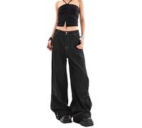 Jean Cargo Noir Gothique Y2k pour Femmes, Pantalon en Denim Style Harajuku Baggy Emo des Années 2000, Vêtements Vintage Trash,Noir,3XL