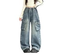 Jean cargo pour fille - Taille élastique - Pantalon en jean large avec grandes poches latérales - Jean baggy Y2K - Pantalon de jogging cargo - Vêtements de style Preppy, bleu, 13-14 ans