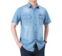 Jean Chemise Hommes Manches Courtes Extérieur Chemise Revers avec Poches Décontractée Chemise Regular Fit Western Chemise Vintage Casual Shirt Hommes Été Denim Chemise Hommes A-Light Blue 4XL