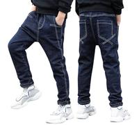 Jean coupe droite décontractée en denim stretch pour enfants actifs, mélange de coton robuste avec liberté de mouvement, style classique à cinq poches, coutures résistantes pour le quotidien, BU1, 4-5