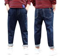 Jean coupe droite décontractée en denim stretch pour enfants actifs, mélange de coton robuste avec liberté de mouvement, style classique à cinq poches, coutures résistantes pour le quotidien, BU3, 13