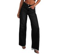 Jean coupe droite taille haute pour femme, coupe ample, extensible, contrôle du ventre, jambe large, pantalon évasé, pantalon classique usé, Noir , L
