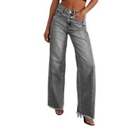 Jean coupe droite taille haute pour femme, coupe ample, extensible, contrôle du ventre, jambe large, pantalon évasé, pantalon classique usé, gris, L