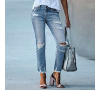 Jean court taille haute pour femme : denim extensible déchiré vieilli, pantalon décontracté longueur cheville pour un usage quotidien