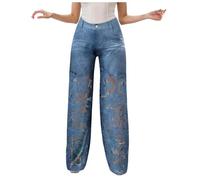 Jean Creux en Dentelle Patchwork pour Femme, Taille Haute, décontracté, Vintage, Baggy, Droit, Jambe Large (Blue, XXXL)