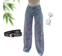 Jean creux en dentelle patchwork pour femme, taille haute, décontracté, vintage, baggy, droit, jambe large, bleu clair, M