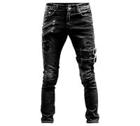 Jean de motard vieilli pour homme, style hip-hop, coupe ajustée, coupe ajustée, confortable, punk, gothique, fermeture éclair, pantalon en jean déchiré, Noir , M