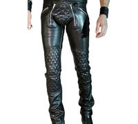 Jean de moto matelassé en cuir de mouton véritable pour homme, coupe ajustée, pantalon de motard pour équitation, pantalon élégant et confortable, Noir , 36W / 32L