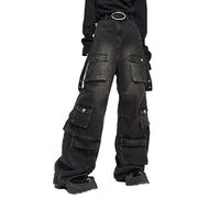 Jean de Travail Décontracté Noir Bootcut pour Homme Jambe Large Évasé en Coton Taille Haute Pantalon Cargo Multi-poches Jean Noir Effet Délavé Y2k Hip Hop Rétro Punk Gothique Streetwear(XL)