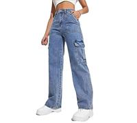 Jean de travail pour femme avec poches multiples, taille haute, coupe droite, pantalon cargo, vintage, tendance, pantalon large, décontracté, pour l'automne et l'hiver, bleu, L