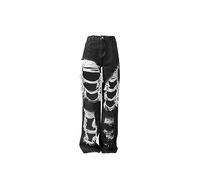 ARESU Jean déchiré au Design Ample pour Femme, Coupe Droite, Taille Haute, Jambes Larges, Noir, Style Hip hop, Mode Streetwear, vêtements Vintage, Noir, L