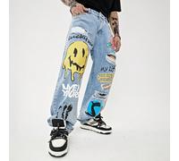 Jean déchiré droit pour homme à la mode avec graphismes de lettres de dessins animés, style baggy long avec effet effiloché, poches de style cargo, graffitis, couleur bleu clair, convient pour sortir