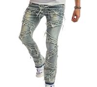 Jean déchiré empilé pour homme - Pantalon en jean effet vieilli - Coupe ajustée - Y2k - Pantalon de motard extensible, Bleu rétro., XS